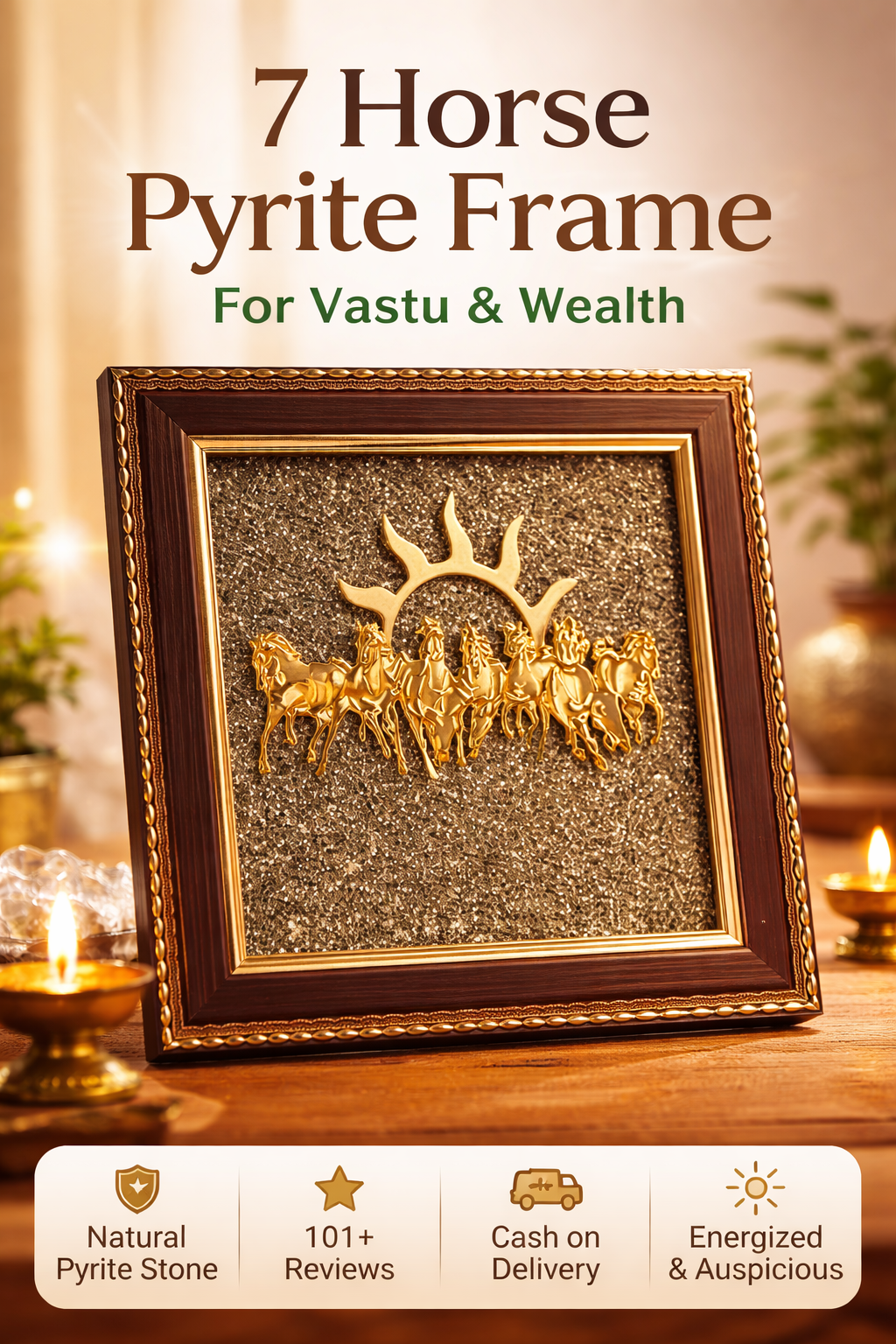 7 Horse Pyrite Frame for Vastu & Wealth | Natural Money Attraction Wall Decor