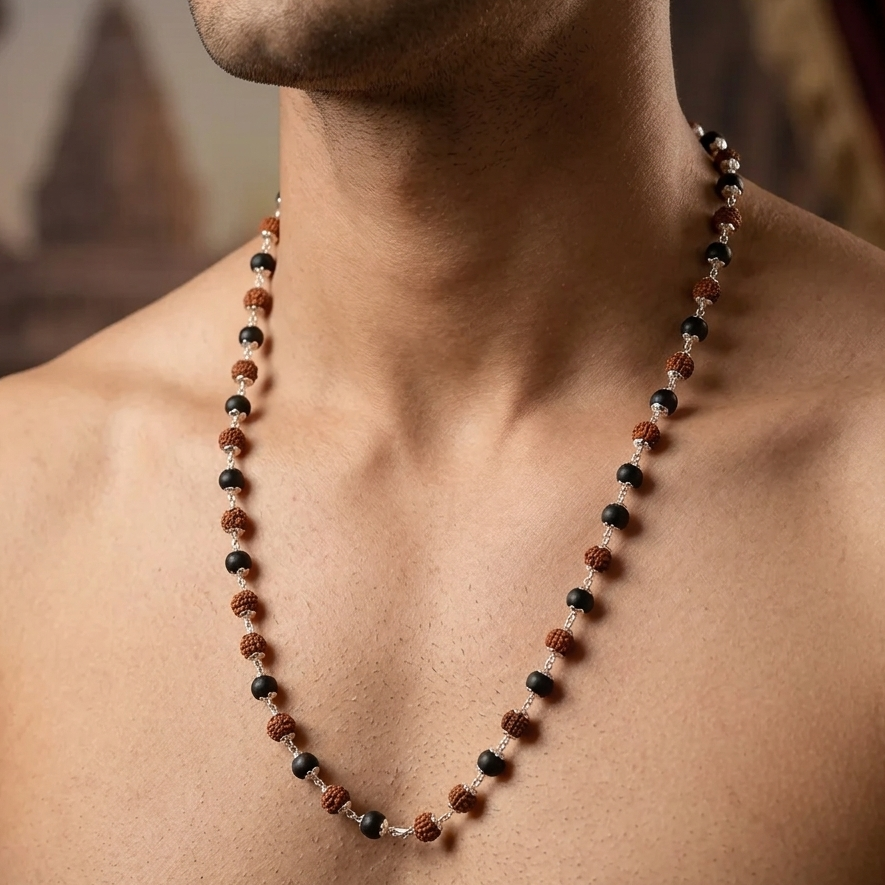 Divya Raksha Rudraksha & Karungali Mala – Silver Capped 108 Bead Meditation Necklace