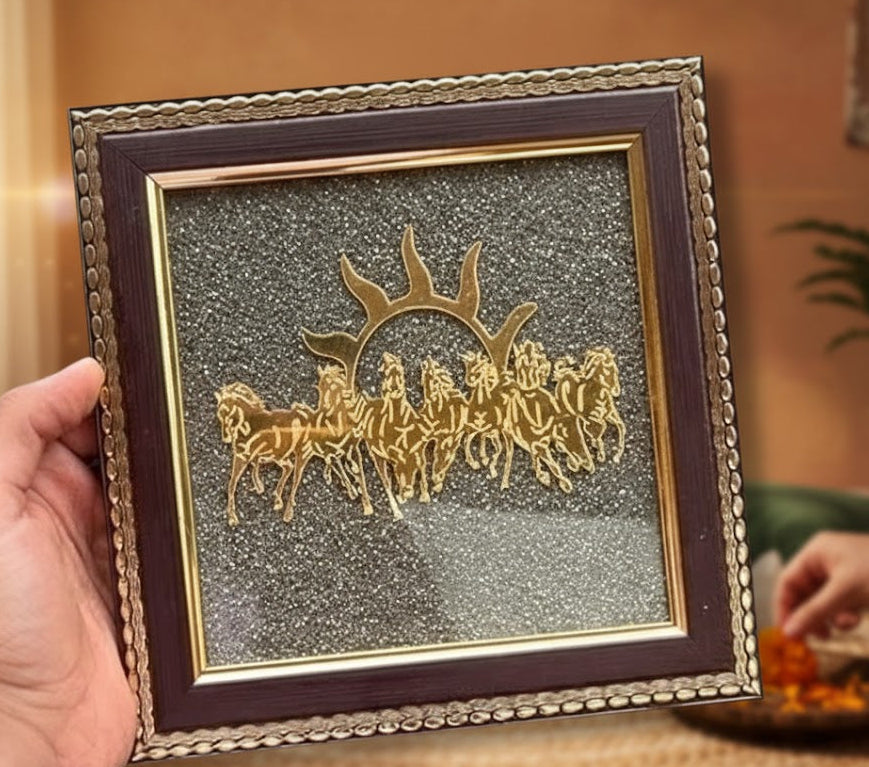7 Horse Pyrite Frame for Vastu & Wealth | Natural Money Attraction Wall Decor