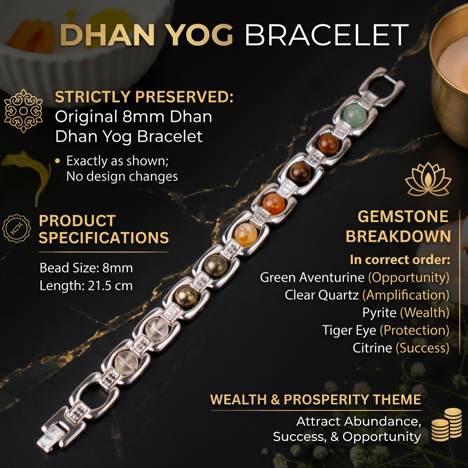 Dhan Yog Metal Bracelet 8mm – Wealth Attraction Crystal Bracelet for Prosperity & Positive Energy