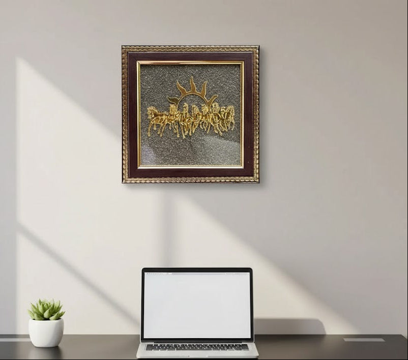 7 Horse Pyrite Frame for Vastu & Wealth | Natural Money Attraction Wall Decor
