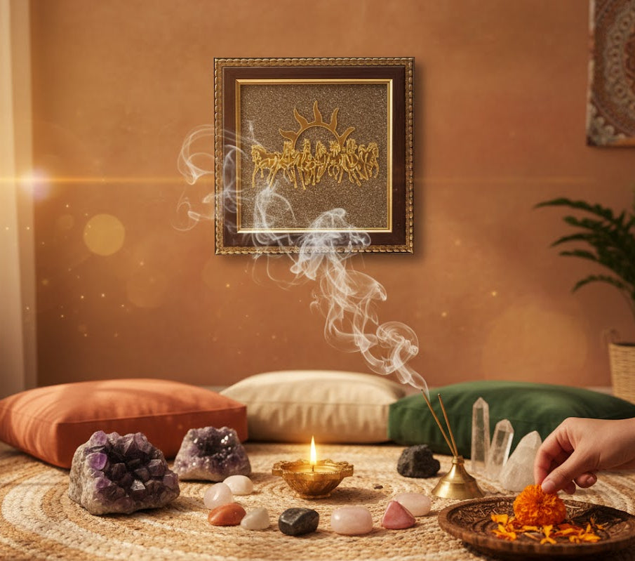 A serene indoor setting with incense, crystals, and a hand holding a bowl of flowers on a woven mat.